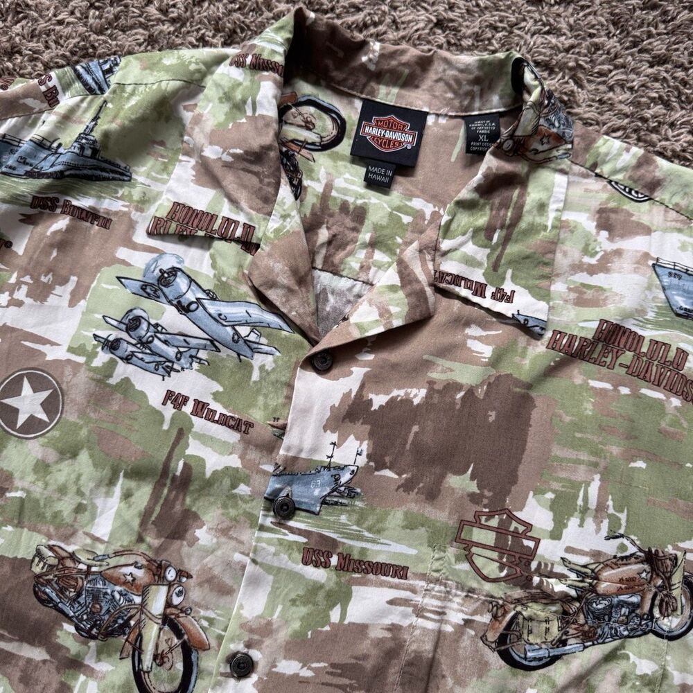 Harley Davidson Tori Richard Hawaiian Shirt Made in USA XL Army Motorcycle WW2